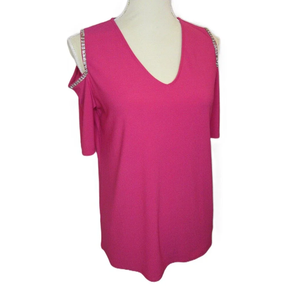 Cold Shoulder Top Glam Blouse Womens M Hot Magenta Pink Stretch Rhinestones NWT